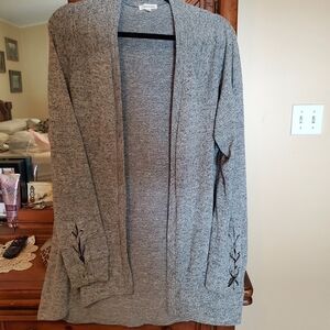 Open-Front Gray Women's Cardigan Sweater with Embroidered Cuffs